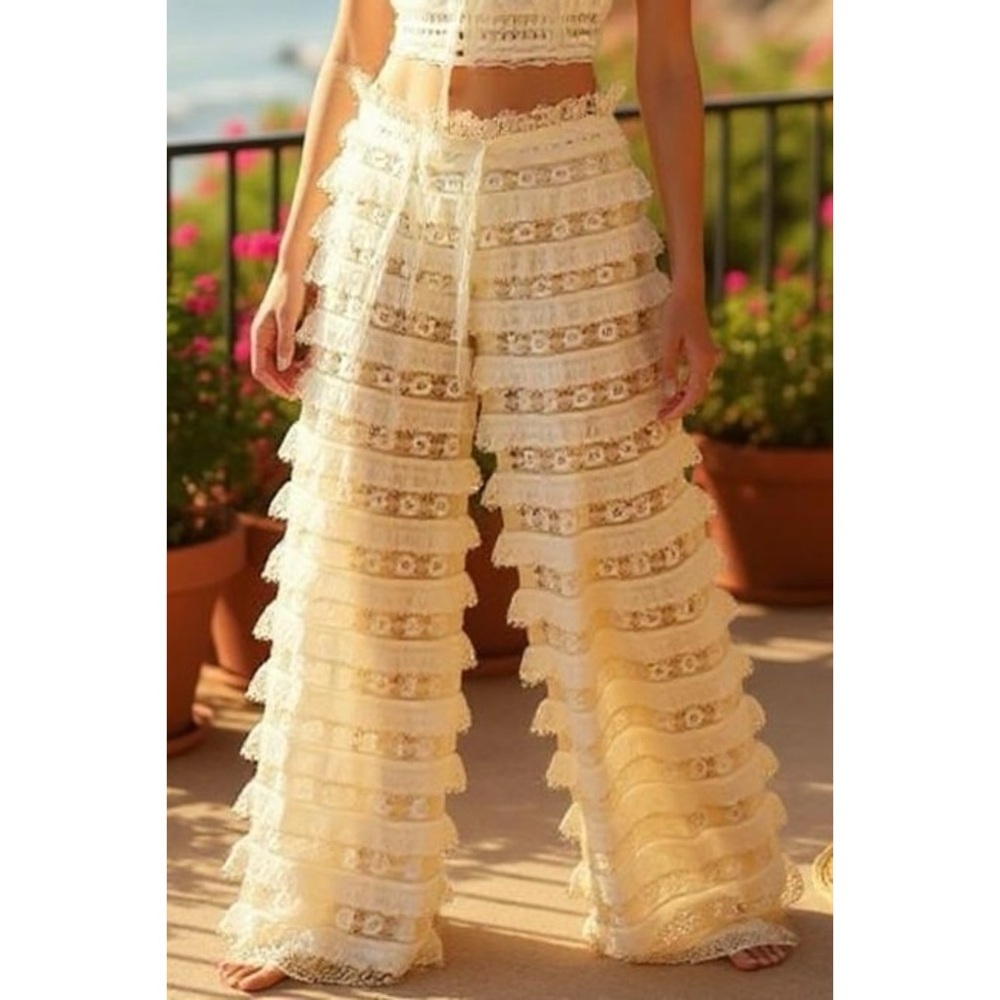 POL Ruffle Tiered Pull On Pants in Natural Cream